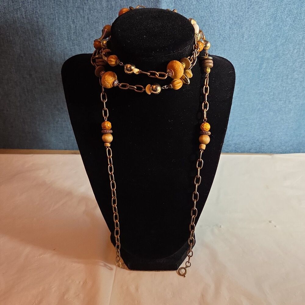 Earth Tone Bead Coppertone Chain Necklace Boho 70s Vibe - Picture 7 of 16